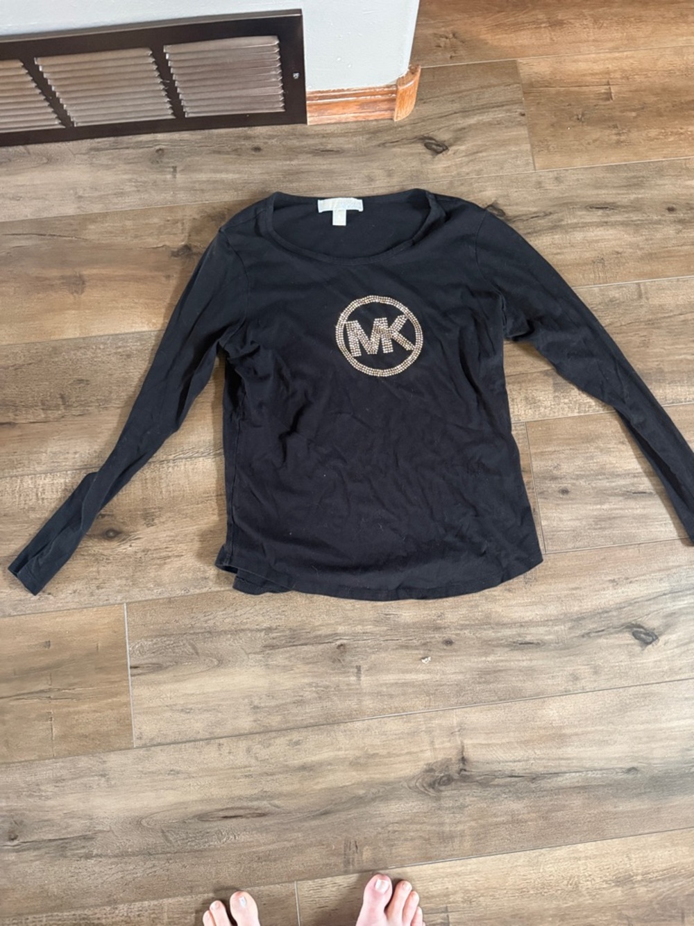 Michael Kors Black Long Sleeve Tee with Gold MK Emblem